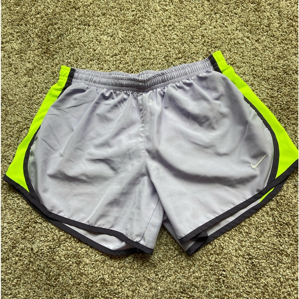 Nike, girl’s shorts, adjustable waist, purple & neon yellow